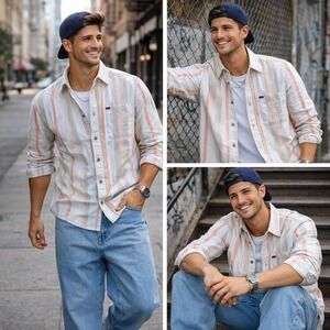 NWT Buffalo David Bitton Mens Striped Long Sleeve Button Up Shirt Orange Tan L